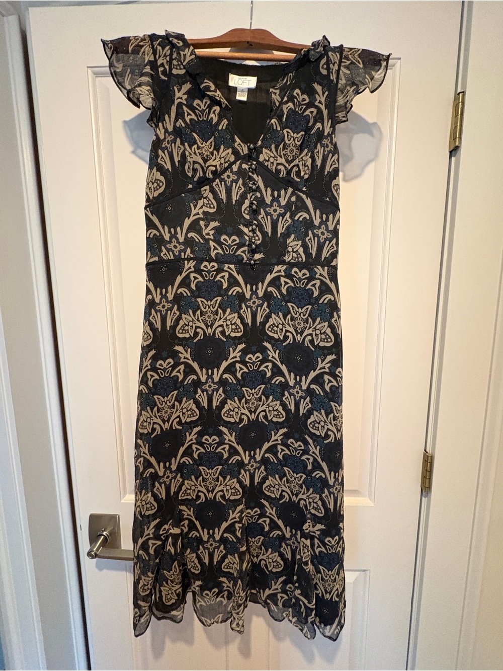 LOFT Black and Tan Midi Dress with Flutter Sleeves